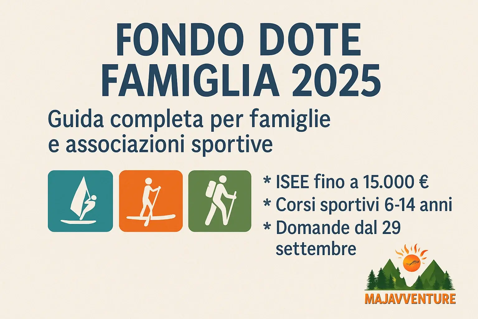 Grafica Fondo Dote Famiglia 2025 con requisiti ISEE fino a 15.000 euro, corsi sportivi per bambini e ragazzi da 6 a 14 anni e logo Majavventure