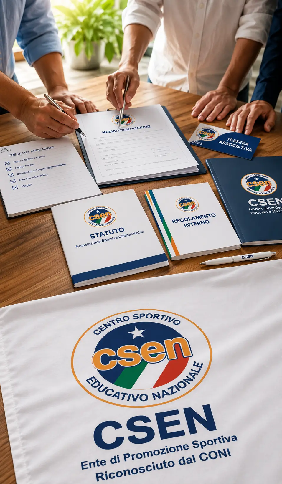 Persone compilano una domanda di affiliazione CSEN con documenti associativi
