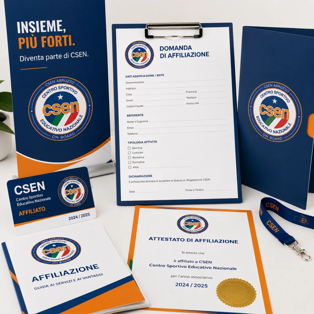 Composizione illustrativa sull'affiliazione CSEN con modulo di richiesta, cartelline, attestato e materiali informativi