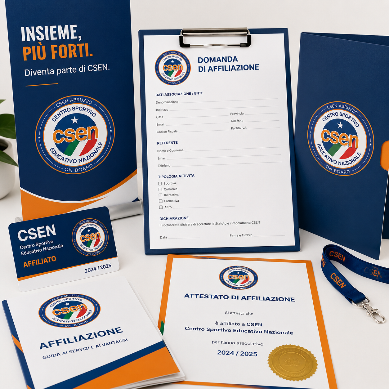 Composizione illustrativa sull'affiliazione CSEN con modulo di richiesta, cartelline, attestato e materiali informativi