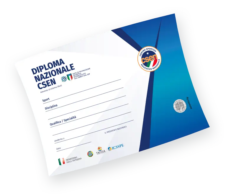 Facsimile del Diploma Nazionale CSEN con i campi per disciplina, qualifica e specialità