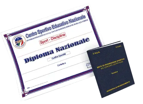Grafica del Diploma Nazionale CSEN affiancato a un tesserino tecnico a libretto su sfondo nero