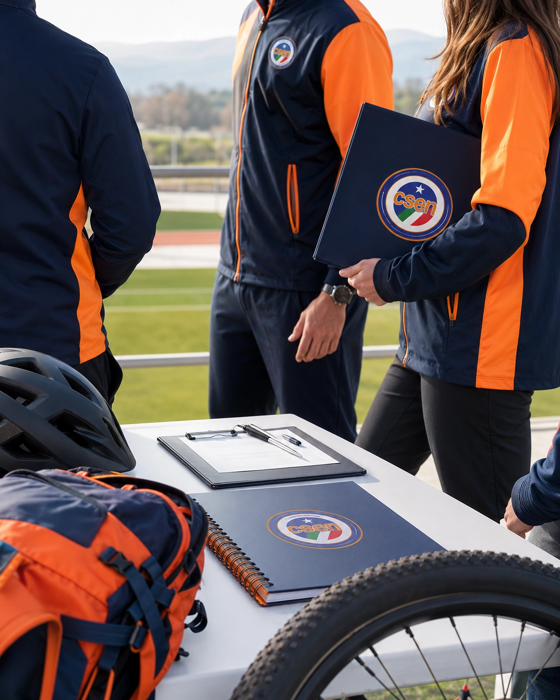 Persone con abbigliamento sportivo CSEN attorno a un tavolo con documenti, cartelline e attrezzatura da mountain bike